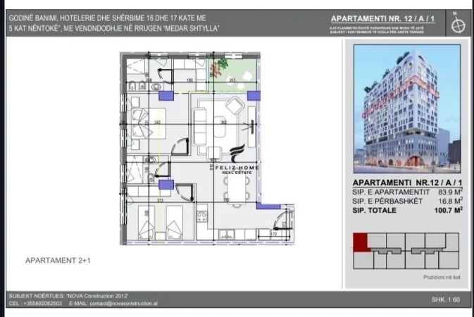 Tirane, shitet apartament 2+1+Ballkon Kati 12, 100 m² 272.000 € (KOMUNA E PARISIT)