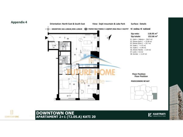 Tirane, shitet apartament 2+1+Ballkon Kati 20, 153 m² 633.539 € (Rruga e Elbasanit)