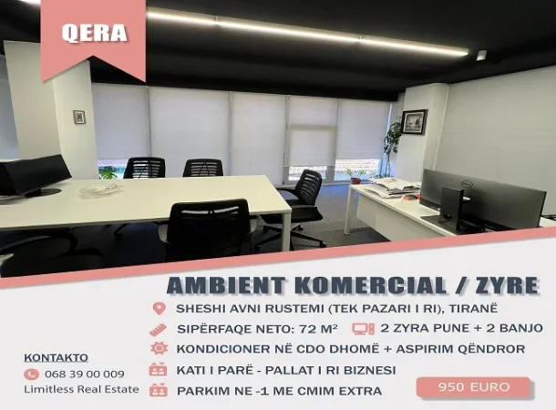 Tirane, jepet me qera Zyre e mobiluar, Kati 1 ne pallat te ri biznesi jo banimi, 72 m², 950 € (Sheshi Avni Rustemi, tek Pazari i Ri)