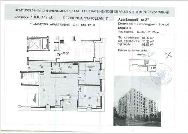 Tirane, shitet apartament 2+1+Ballkon Kati 6, 99 m² 133.650 € (Rruga Xhanfize Keko)