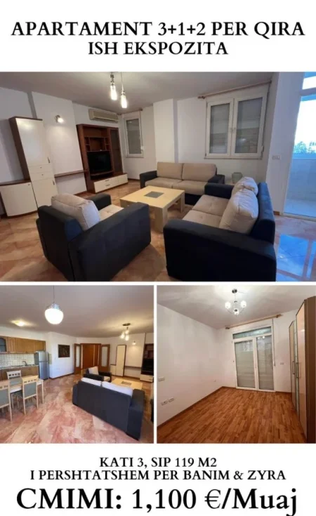 Tirane, jepet me qera apartament 3+1+Aneks+Ballkon Kati 3, 119 m² 1.100 € (ish ekspozita)