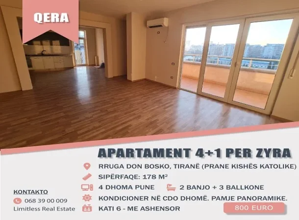 Tirane, jepet me qera per Zyre super Apartament 4+1, Kati 6 ne pallat te ri me ashensor, 178 m², 800 € (Don Bosko)