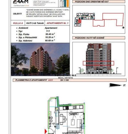 Tirane, shitet apartament 1+1+Ballkon Kati 3, 61 m² 170.800 € (21 DHJETORI)