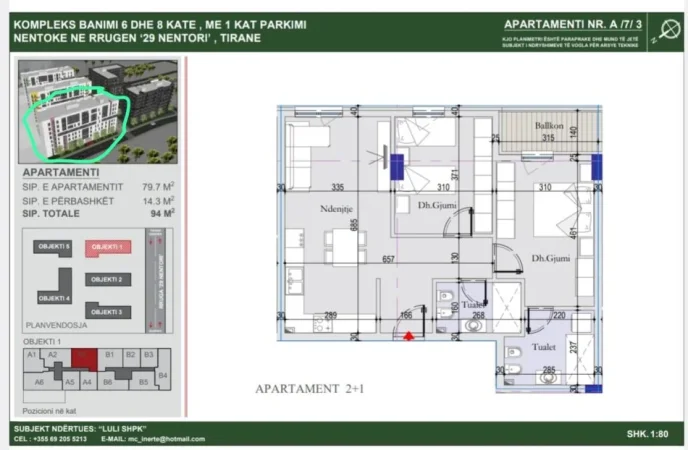Tirane, shitet apartament 2+1+Ballkon Kati 7, 94 m² 118.000 € (ish dogana)