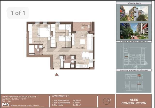 Tirane, shitet apartament 2+1+BLK Kati 5, 84 m² 62.500 Euro (Prane QTU)