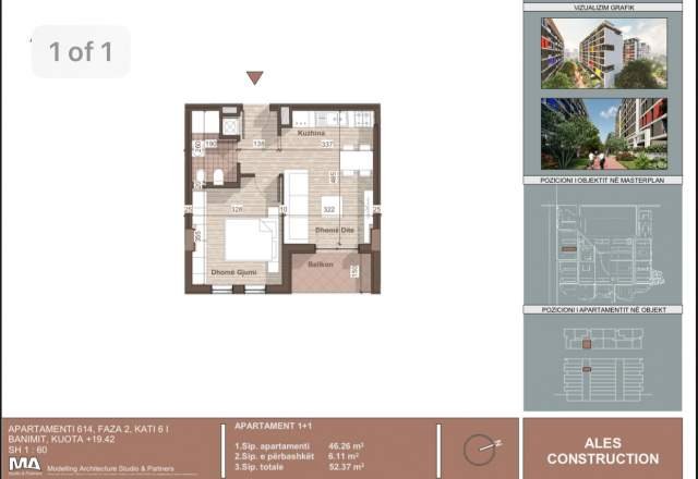 Tirane, shitet apartament 1+1+BLK Kati 6, 52 m² 38.700 Euro (Prane QTU)