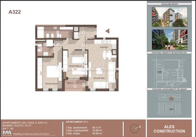 Tirane, shitet apartament 2+1+BLK Kati 3, 94 m² 69.600 Euro (Prane QTU)