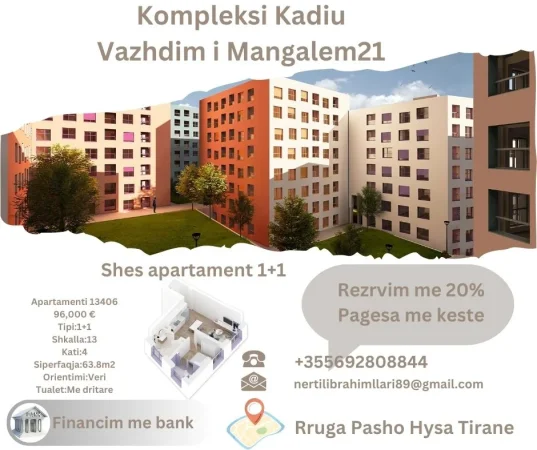 Tirane, shes apartament 1+1+Ballkon Kati 4, 64 m² 96.000 € (Rruga Pasho Hysa Tirane)