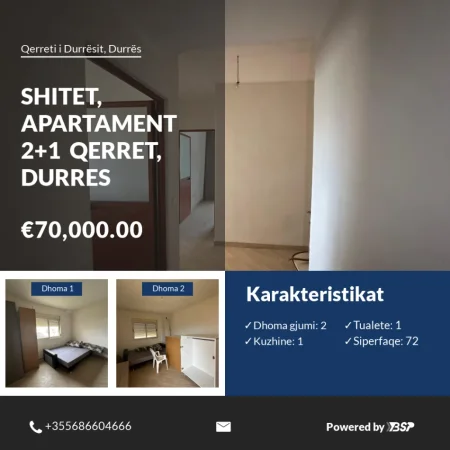 Durres, shitet apartament 2+1+Ballkon Kati 3, 73 m² 70.000 € (Qerret, Durres)