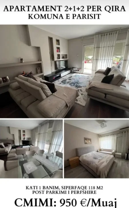 Tirane, jepet me qera apartament 2+1+Aneks+Ballkon Kati 2, 118 m² 950 € (komuna e parisit)