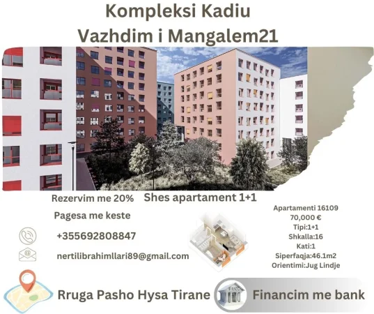 Tirane, shes apartament 1+1+Ballkon Kati 0, 46 m² 70.000 € (Rruga Pasho Hysa Tirane)