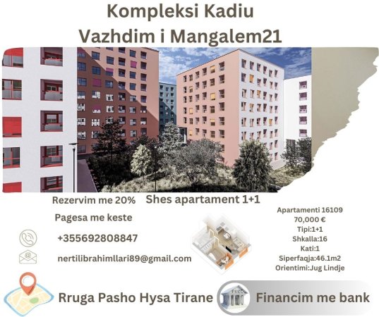 Tirane, shes apartament 1+1+Ballkon Kati 0, 46 m² 70.000 € (Rruga Pasho Hysa Tirane)