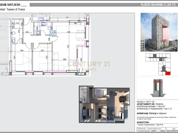 Tirane, shitet 2+1+Ballkon Kati 20, 133 m² 360.720 € (expert107717)