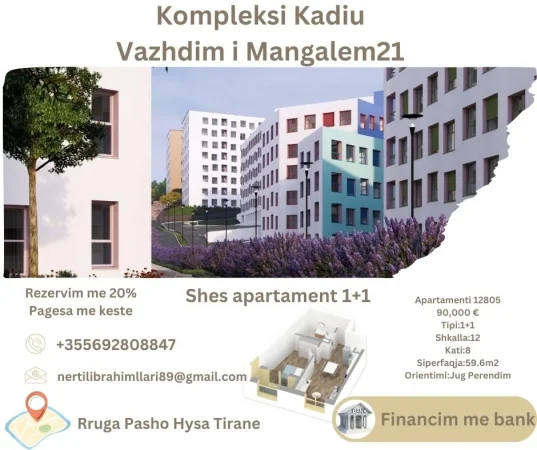 Tirane, shes apartament 1+1+Ballkon Kati 8, 60 m² 90.000 € (Rruga Pasho Hysa Tirane)