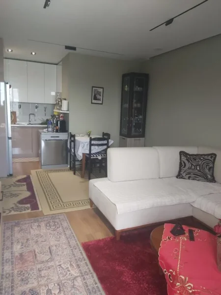 Tirane, jepet me qera apartament 1+1 sip 65 m². E mobiluar full. Kati 4. Me ashensor. Ndertim i ri. 500 € (adresa:kompleksi Tom Doshit ne Shkoze, Tirane.)