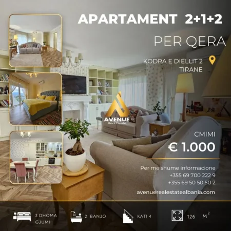 Tirane, jepet me qera apartament 2+1+Ballkon Kati 4, 126 m² 1.000 € (kodra e diellit)