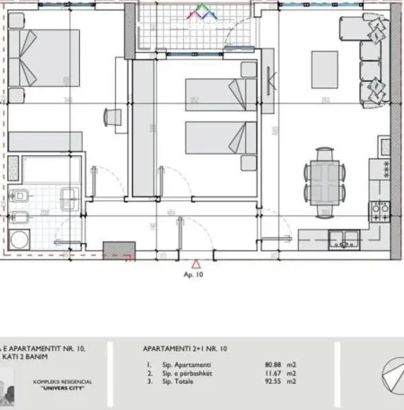 Tirane, shes apartament 2+1 Kati 9, 93 m² 130.000 € (univers city)