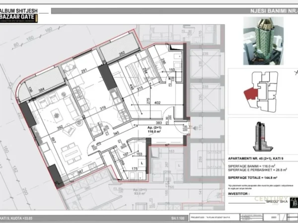 Tirane, shitet apartament 2+1 Kati 9, 145 m² 478.000 € (9katshet)