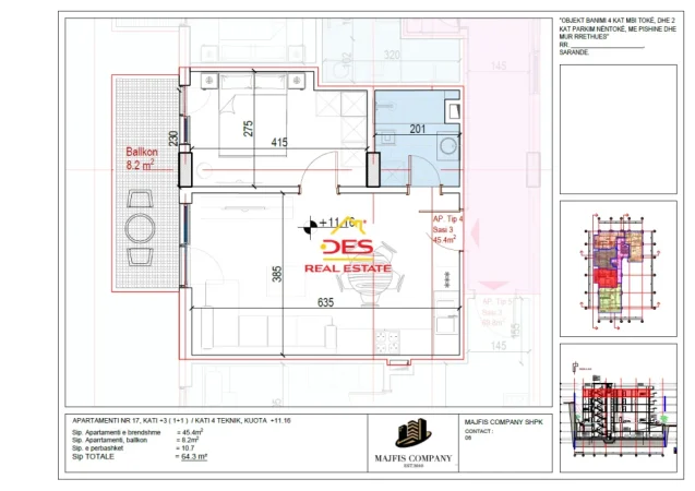 Sarande, shitet apartament 1+1+Ballkon Kati 3, 64 m² (Sarandë)