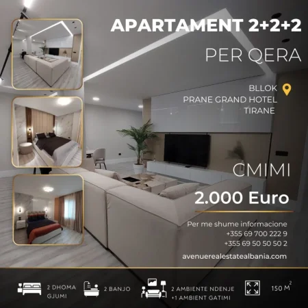 Tirane, jepet me qera apartament 2+1+Aneks+Ballkon Kati 6, 150 m² 2.000 € (vaso pasha)
