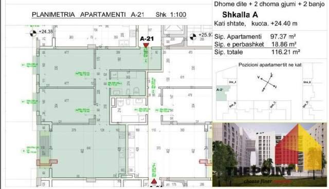 Tirane, shitet apartament 2+1+BLK Kati 7, 116 m² 1.100 Euro/m2 (Rruga Xhanfize Keko)