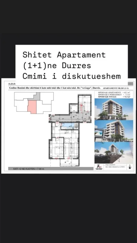 Durres, shitet apartament 1+1+Ballkon Kati 2, 73 m² 83.000 € (Lagja 18, Durres)