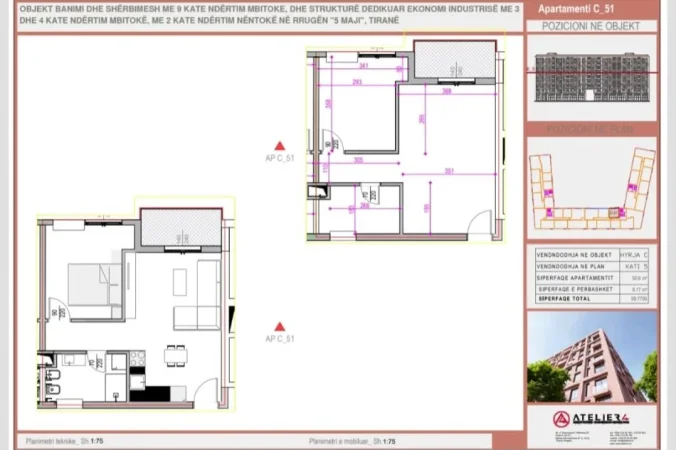 Tirane, shitet apartament 2+1 Kati 5, 60 m² 90.000 € (5 maji)