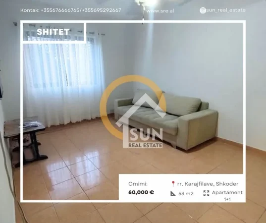 Shkoder, shitet apartament 1+1 Kati 0, 53 m² 60.000 € (rr. Karajfilave)