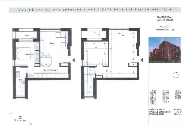 Tirane, shitet apartament 1+1+Ballkon Kati 7, 75 m² 108.900 € (Rruga Siri Kodra)