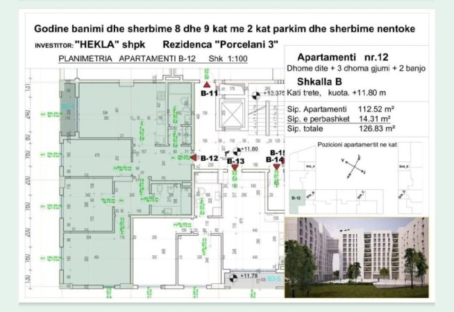 Tirane, shitet apartament 3+1+Ballkon Kati 3, 126 m² 190.000 € (PORCELAN)