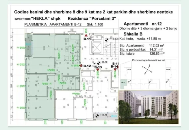 Tirane, shitet apartament 3+1+Ballkon Kati 3, 126 m² 190.000 € (PORCELAN)