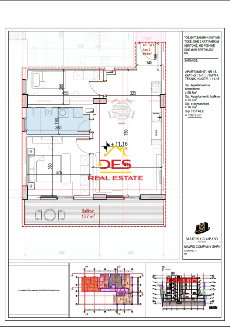 Sarande, shitet apartament 2+1+Ballkon Kati 3, 100 m² 